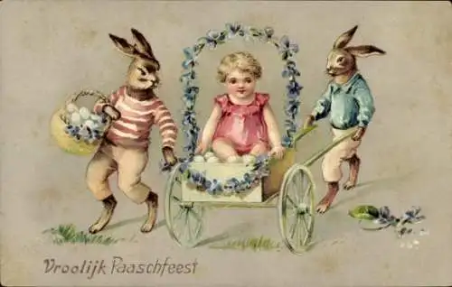 Präge Ak Glückwunsch Ostern, Osterhasen, Kind, Schubkarre, Ostereier