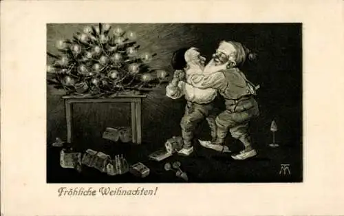 Künstler Ak Glückwunsch Weihnachten, Tanzende Zwerge, Tannenbaum