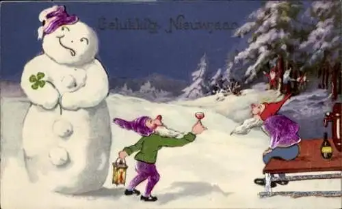 Ak Glückwunsch Neujahr, Schneemann, Zwerge, Wein, Kleeblatt