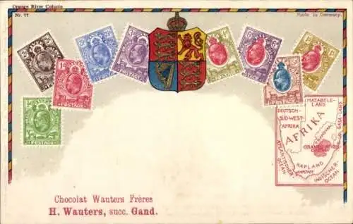 Briefmarken Ak Südafrika, Kolonie, Wappen, Landkarte