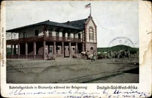 Ak Okahandja Namibia, Bahnhofsgebäude in Okahandja während d. Belagerung, Deutsch-Süd-West-Afrika