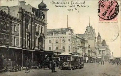 Ak Melbourne Australien, Swanston Street, Straßenbahn