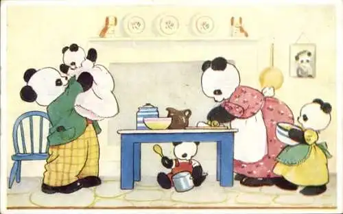 Künstler Ak Wickham, Peggy, Baking Day, Vermenschlichte Panda-Familie backt