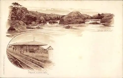 Litho Ak Kaapmuiden Südafrika, Krokodilrivier, Bahnhof, Gleisseite, Flusspartie