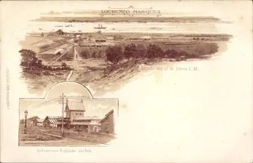 Litho Mosambik, Gesamtansicht, Hafen, Station, Lourenco-Marques