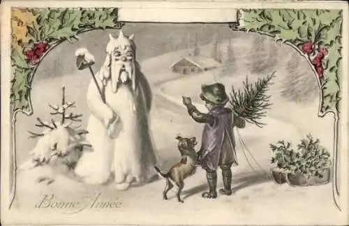 Ak Glückwunsch Neujahr, Schneemann, Kind, Hund, Stechpalme