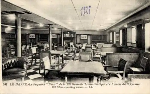 Ak Le Havre, Paquebot Paris, CGT French Line, 2nd Class smoking room