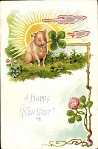 Präge Litho Glückwunsch Neujahr, Schwein, Kleeblätter, Sonnenaufgang