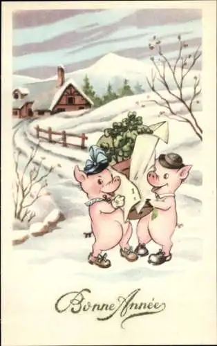 Ak Glückwunsch Neujahr, Schweine mit Klee, Winterlandschaftschaft