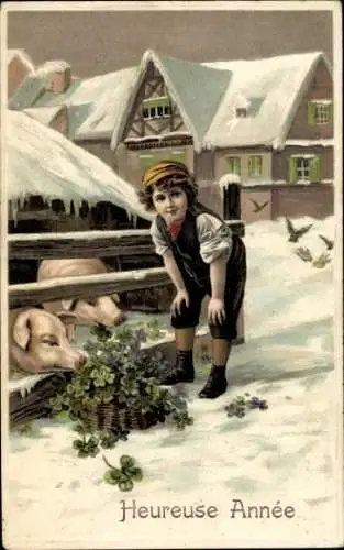 Präge Litho Glückwunsch Neujahr, Junge füttert Schweine mit Klee