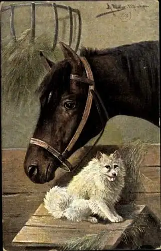 Künstler Ak Müller, A., Pferd und Spitz, Freundschaft