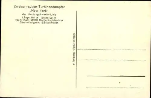 Ak HAPAG Dampfer New York, Zweischraubenturbinendampfer
