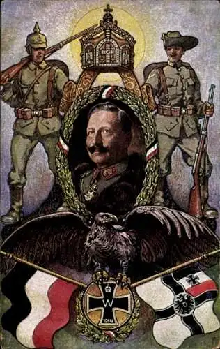 Künstler Ak Kaiser Wilhelm II., Kolonialkriegerdank, Soldaten, Fahnen, Adler