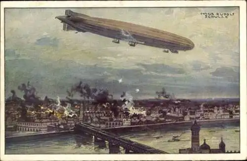 Künstler Ak Schulze, Hans Rudolf, Zeppelin, Luftschiff Schütte Lanz, Warschau bombardierend, I. WK