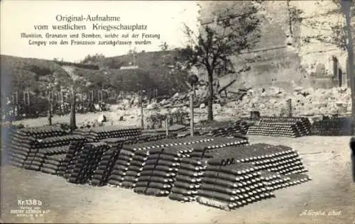 Ak Longwy Lothringen Meurthe et Moselle, Auf der Festung zurückgelassene französische Munition, I.WK