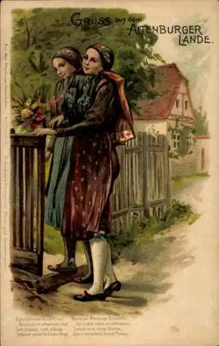 Litho Gruss aus dem Altenburger Lande, Frauen in Tracht