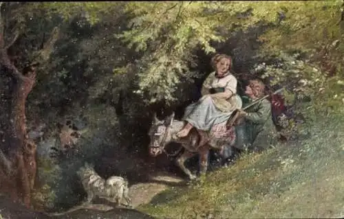 Künstler Ak Richter, Ludwig, Ritt durch den Wald, Esel, Hund