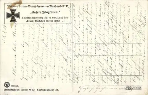 Künstler Ak Hey, Paul, Soldatenliedkarte Nr 16, Drum Mädchen weine nicht