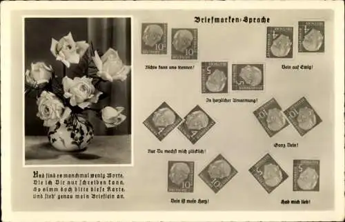 Ak Briefmarkensprache, Rosenblüten, Blumenvase, Amag 70431