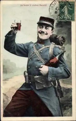 Ak Je bois a votre Sante, französischer Soldat in Uniform mit Weinflasche