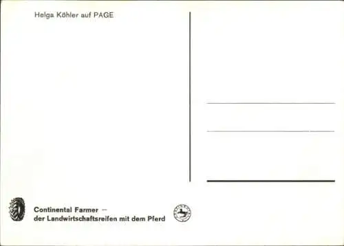 Ak Springreiterin Helga Köhler auf dem Pferd Page, Continental Farmer Landwirtschaftsreifen