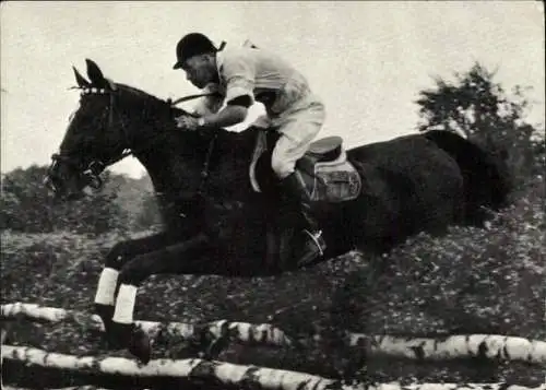 Ak Horst Karsten auf Condora, Pferdesport, Hindernissprung, Continental Farmer Reifen Reklame