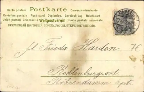 Litho Frohe Ostern, Zwei Hasen in einem aus einem Ei gebauten Auto mit Veilchen.
