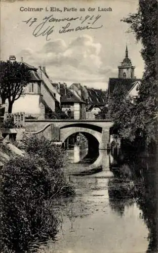 Ak Colmar Elsaß Haut Rhin, Partie an der Lauch, Brücke, Kirchturm