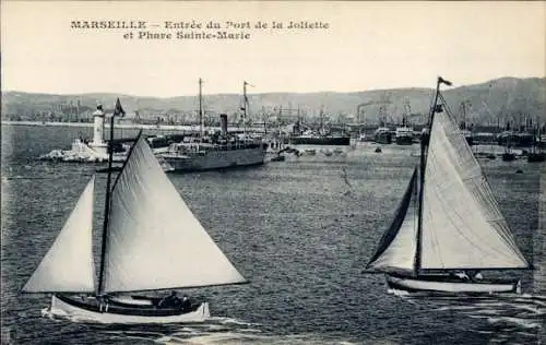 Ak Marseille Bouches du Rhône, Eingang zum Hafen von La Joliette und Leuchtturm Sainte Marie