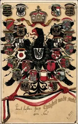 Präge Wappen Litho Einigkeit macht stark, Hessen, Bayern, Baden, Lippe, Bremen, Anhalt, Adler