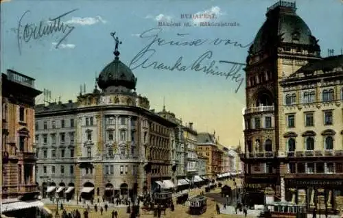 Ak Budapest Ungarn, Blick auf die Rakoczistraße, Straßenbahnen, Passanten