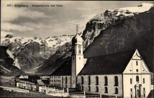 Ak Engelberg Kanton Obwalden Schweiz, Klosterkirche mit Titlis