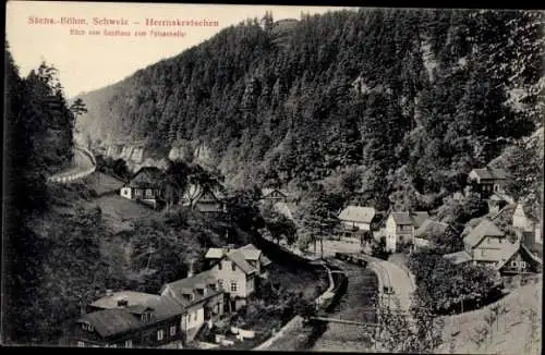 Ak Hřensko Herrnskretschen Elberegion Aussig, Blick vom Gasthaus zum Felsenkeller