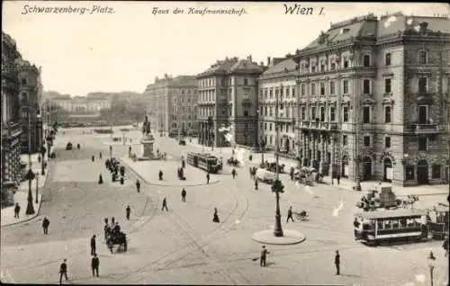 Ak Wien 1 Innenstadt, Haus der Kaufmannschaft, Straßenbahnen, Denkmal