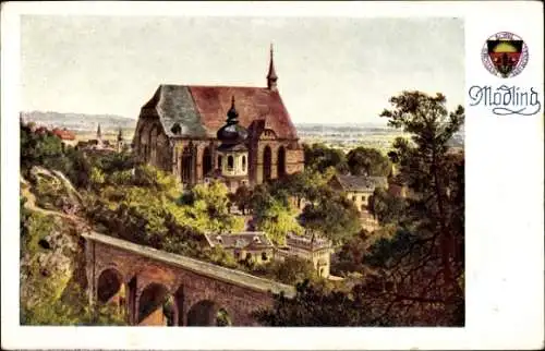 Künstler Ak Mödling in Niederösterreich, Panorama vom Ort, Wappen Dt. Schulverein 1880