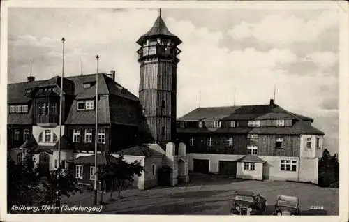 Ak Klínovec Keilberg Erzgebirge Region Karlsbad, Teilansicht, Turm