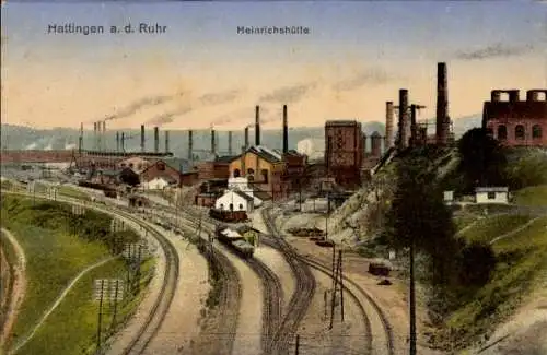 Ak Hattingen im Ennepe Ruhr Kreis, Blick auf die Heinrichshütte, Gleise, Industrie-Bahnhof