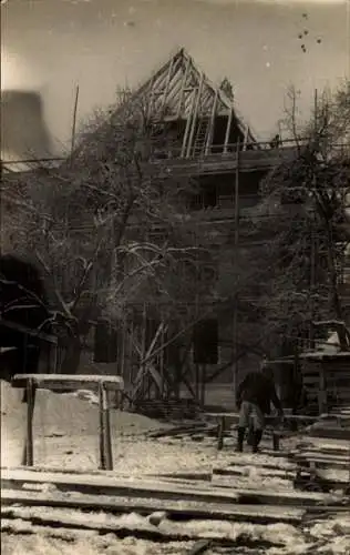 Foto Ak Haus im Bau, Baugerüst