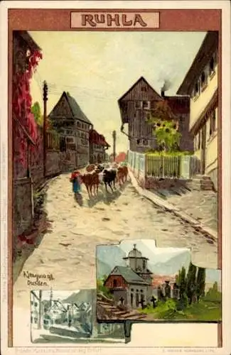 Künstler Litho Stagura, Albert, Ruhla in Westthüringen, Straßenpartie, Teilansichten, Kapelle