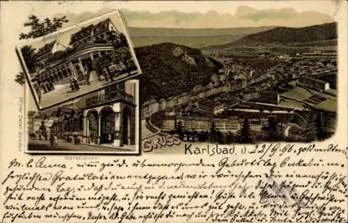 Litho Karlovy Vary Karlsbad Stadt, Schlossbrunn, Marktbrunn, Gesamtansicht