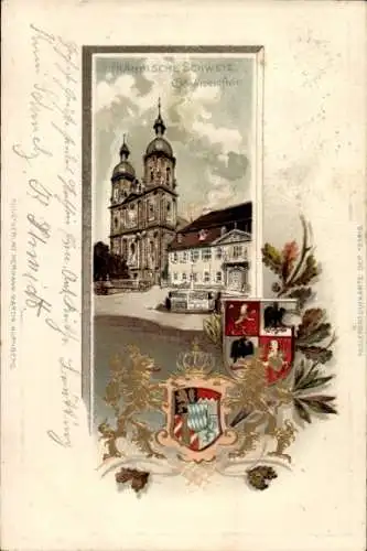 Präge Wappen Passepartout Litho Gössweinstein Gößweinstein in Oberfranken, Kirche, Brunnen