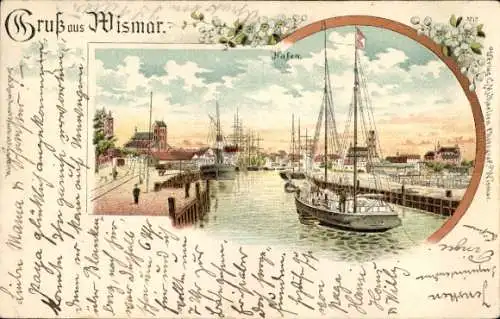 Litho Hansestadt Wismar, Hafen, Schiff