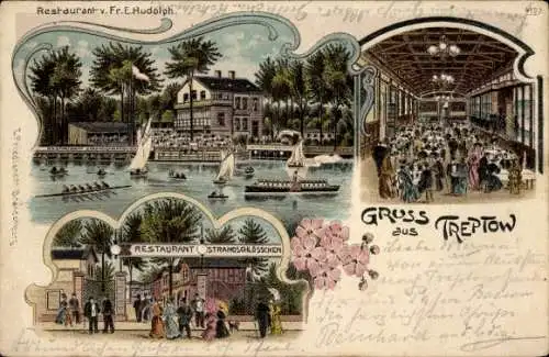 Litho Berlin Treptow, Restaurant Strandschlösschen, Saal, Garten, Anlegestelle