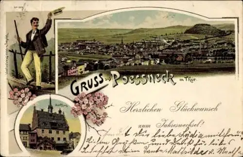 Litho Pößneck in Thüringen, Gesamtansicht, Rathaus