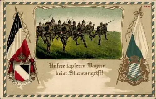 Präge Wappen Passepartout Litho Tapfere Bayern beim Sturmangriff