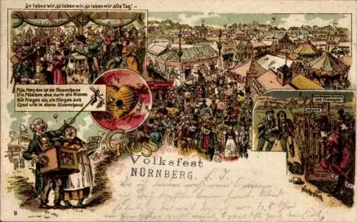 Litho Nürnberg in Mittelfranken, Volksfest, Stände, Mann mit Drehorgel