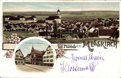 Litho Messkirch in der Schwäbischen Alb, Gesamtansicht der Ortschaft, Marktplatz, Rathaus