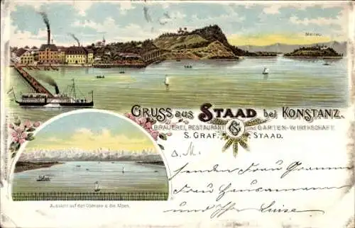 Litho Staad Konstanz am Bodensee, Gesamtansicht, Brauerei Restaurant S. Graf, Mainau, Obersee, Alpen