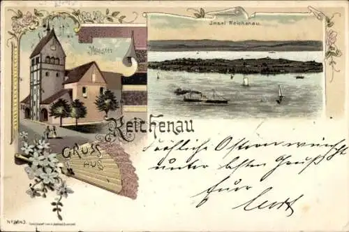 Litho Insel Reichenau am Bodensee, Münster, Inselansicht, Fächer