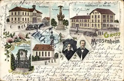 Litho Meißenheim am Rhein Baden, Schule, Gasthaus zur Krone, Trachten Paar, Kriegerdenkmal